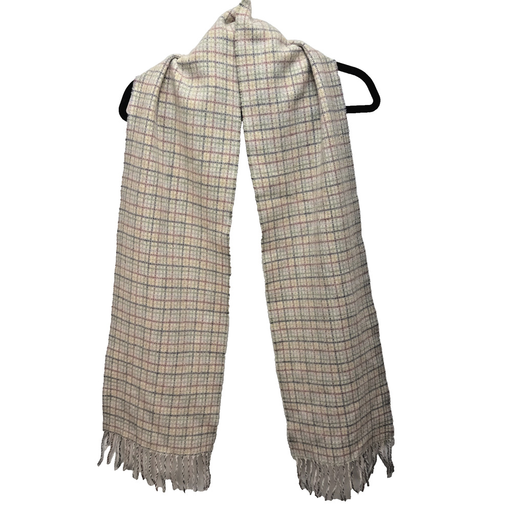 Harrods Beige Pastel Plaid Tweed Lambswool Oblong Long‎ Scarf Fringe Scotland